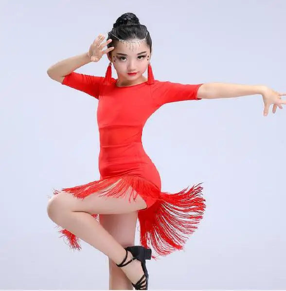1pcs/lot Child Girls Latin Dance Dress Fringe Latin Dance Clothes Salsa Costume Black Red Ballroom Tango Dresses