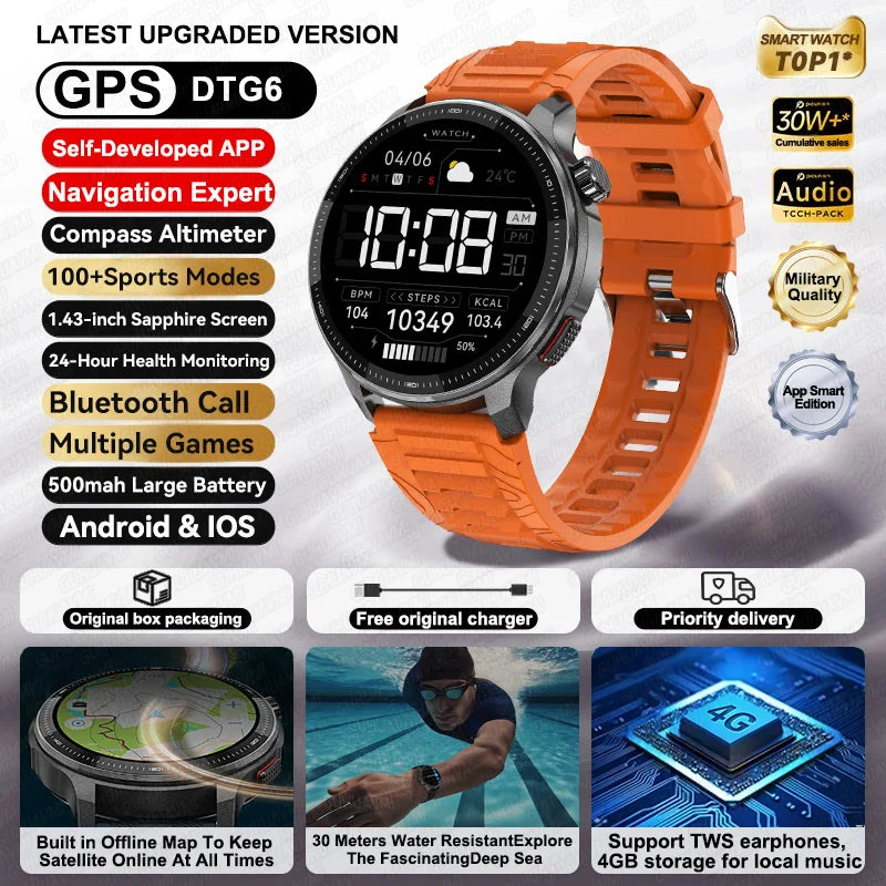 2026NEW GPS Offline Maps Sport Smart Watch Men 4GB Memory Music Video Player AMOLED 3D Menu Style Swim Waterproof Smart Bracelet