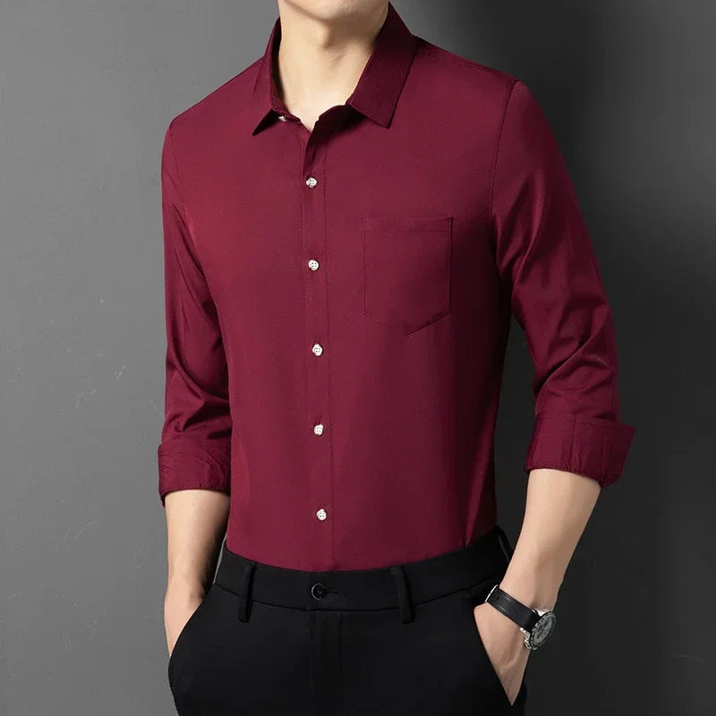 Men's New Casual and Fashionable Long Sleeved Shirt with Pockets Comfortable Wrinkle Resistant and Iron Free Collared Shirt
