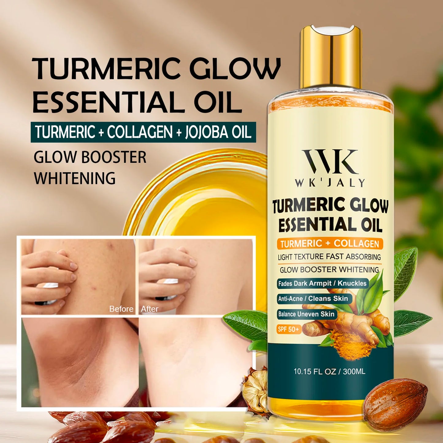 WK JALY Turmeric Whitening Essential Oil, With Collagen, Moisturizing, Brighten, Remove Acne, Dark Spots, for All Skin, 300ml