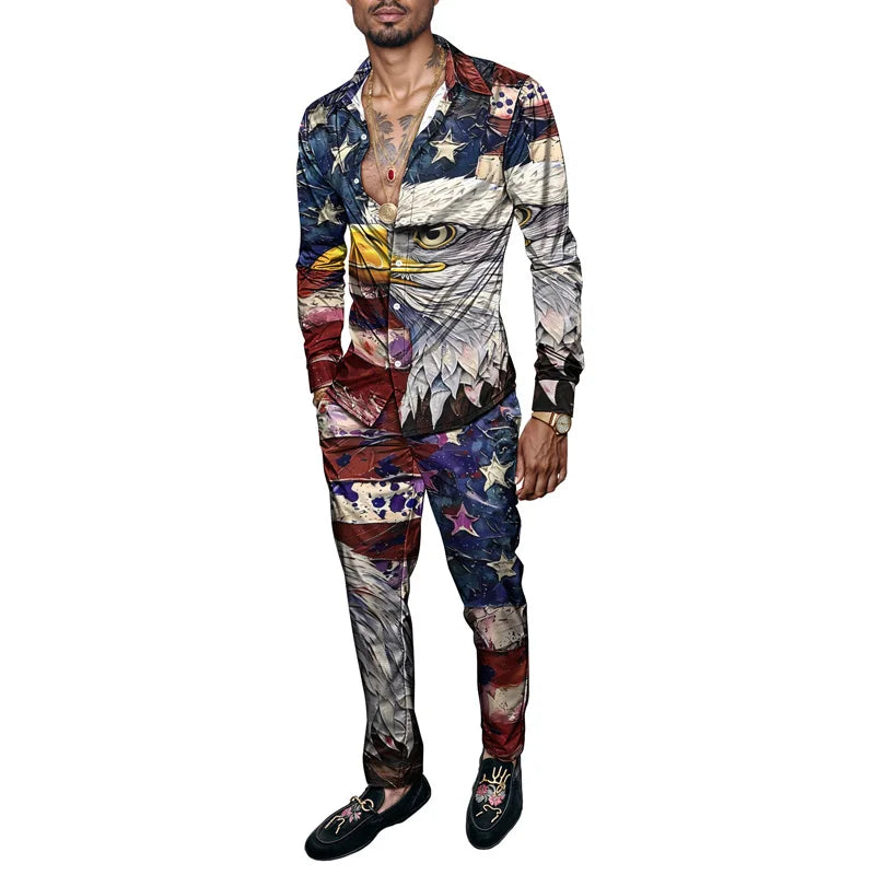 Spring And Autumn Eagle 3D Print Men Harajuku Clothing Suits Tracksuit Long Sleeve Shirt Long Pants Two Piece Sets Clothing