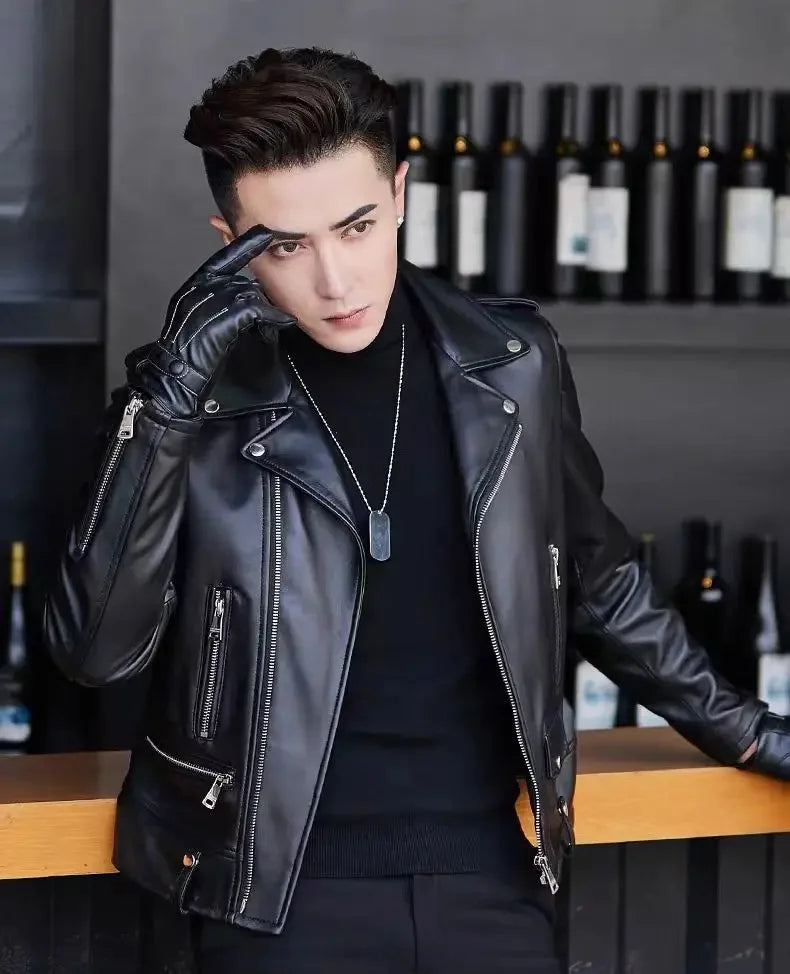 Men's Slim Fit PU Leather Jacket Fashionable Motorcycle Style Spring Autumn Korean Version Casual Outerwear Male Biker Coat