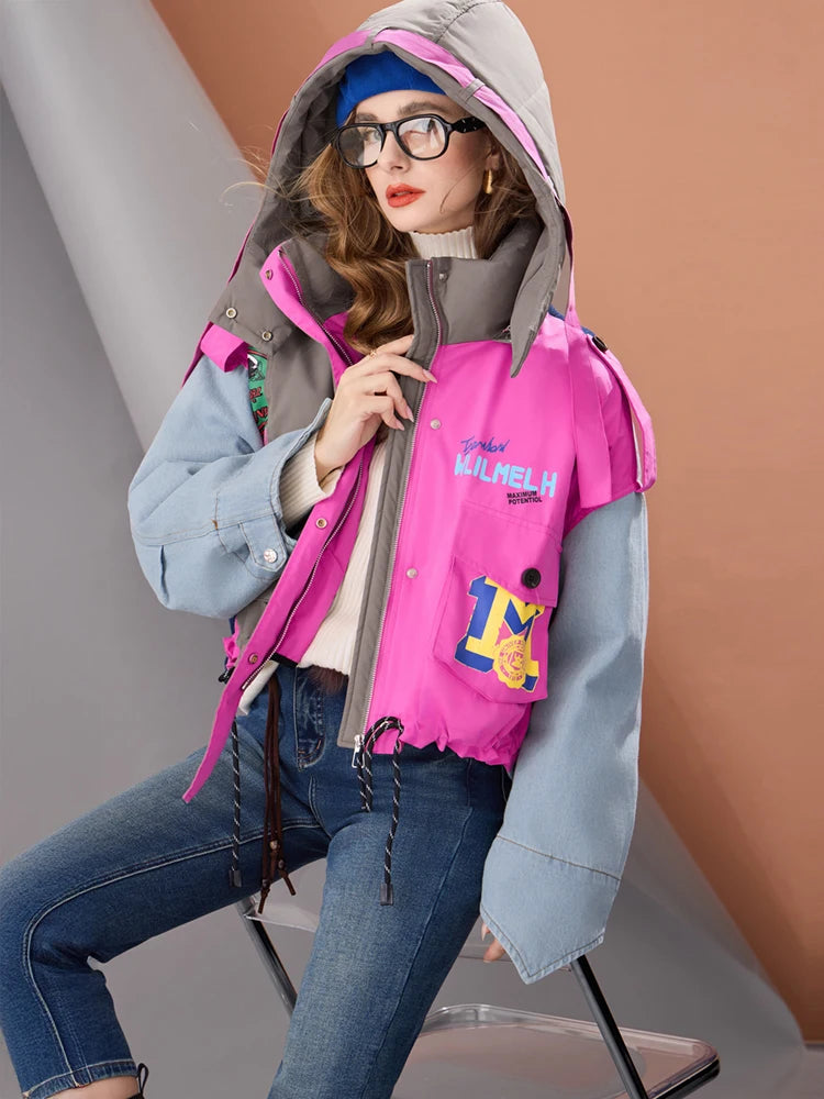 Women Short Puffer Jacket Hooded Thick Warm Winter Coat Color Block Denim Sleeve Streetwear Oversized Fashion Down Outerwear