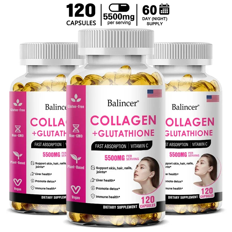 Balincer 5500mg Hydrolyzed Collagen 2200mg Glutathione 1300mg Biotin MSM and Vitamin C B6 B3 Capsule Nutritional Supplement