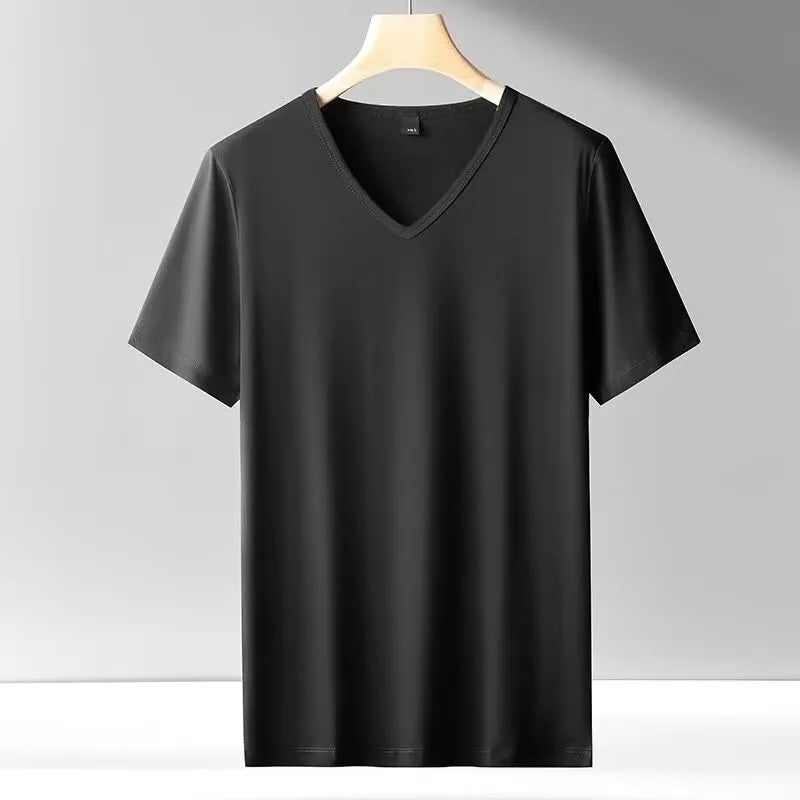 2025 men's short sleeved T-shirt loose and breathable plus size T-shirt top summer thin solid color V-neck home clothing base s