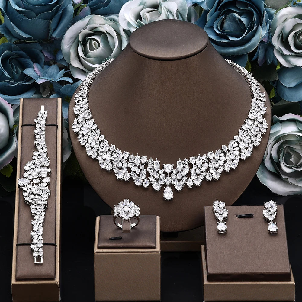 Luxury 4 Pieces Necklace Earrings Set Big Colorful CZ Zircon Wedding Bridal Jewelry Set Dubai Women Gift
