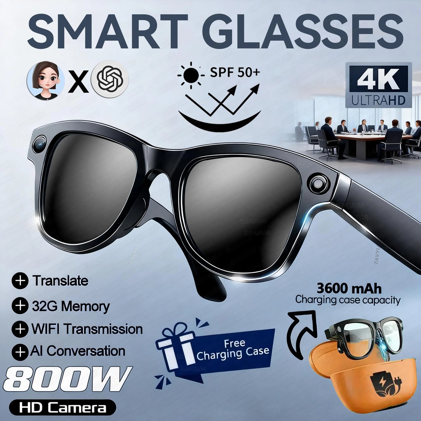 Bluetooth Camera Smart Glasses 4K 1296P Photo Video Open-Ear Dual Speakers Touch Button Control OTA APP 4GB Memory sunglasses