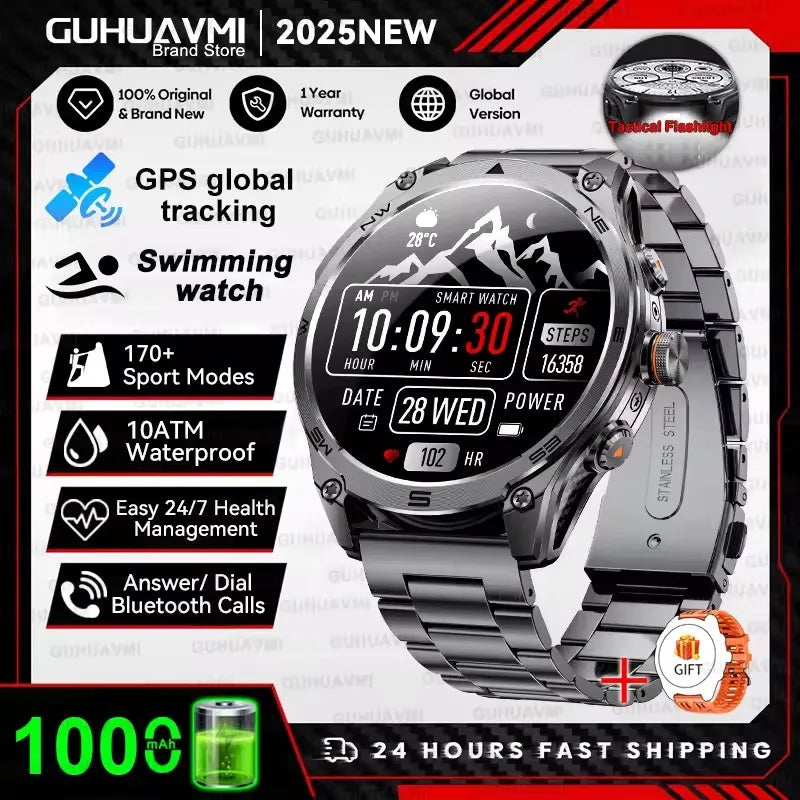 2026 New Military Smart Watch 1000Mah Battery GPS Compass 10ATM Waterproof Tactics Sports Flashlight BT call Smart Watch For Men