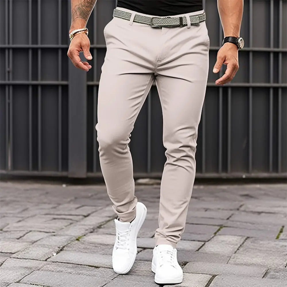 Men's Solid-color Slim-fit Pants with Front Pockets and Zippers for Business Casual Wear with Tapered Bottom Pants Men