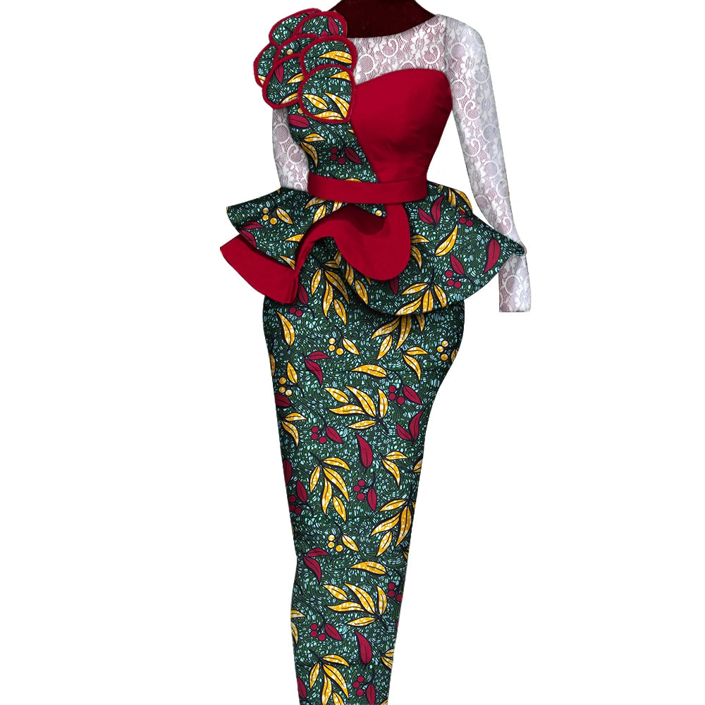 African Skirt Sets Women Suit Long Straight Skirts and Tops with Lace Decoration Bazin Riche Traditional African Clothing WY6195