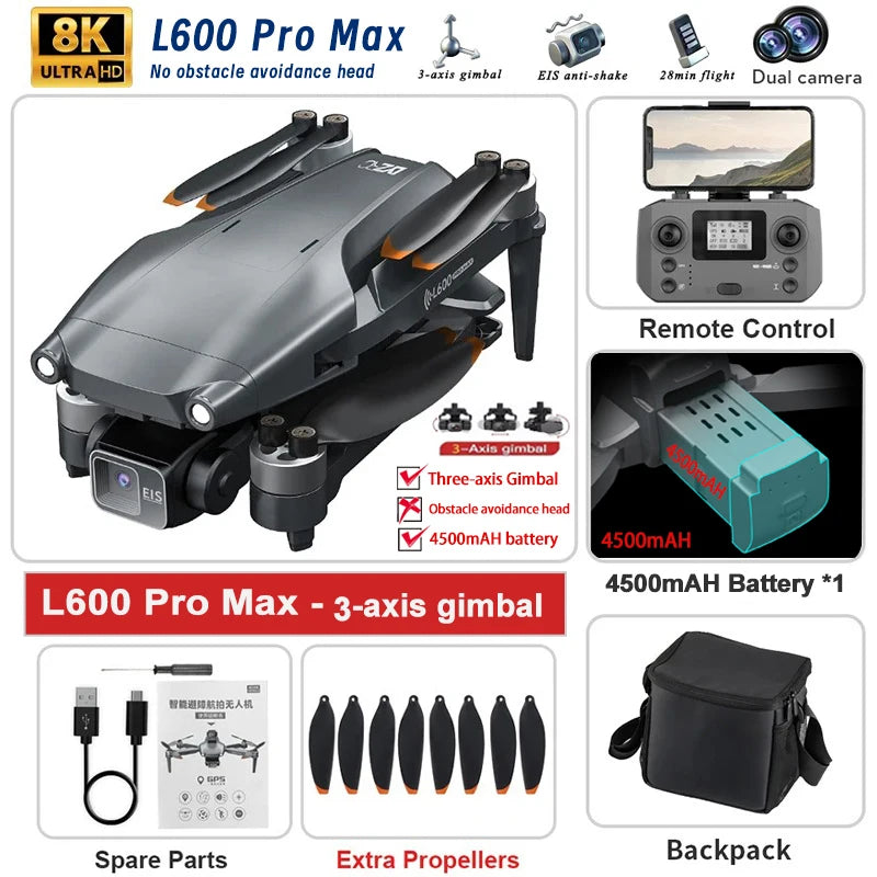 L600 PRO MAX / PRO GPS Drone Professional 4K HD Dual Camera 3-Axis PTZ Brushless Obstacle Avoidance 5G WIFI RC Quadcopter Toys