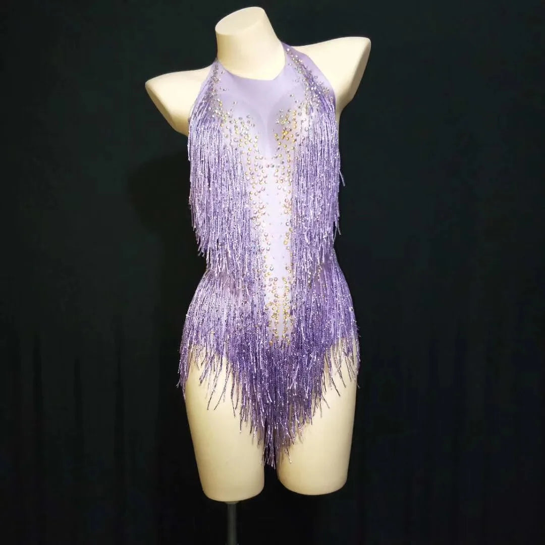 Bachelorette Bodycon Ballroom Gold Rhinestones Fringes Women Backless Sexy Stage Bodysuits Nightclub Performance Dance Costume