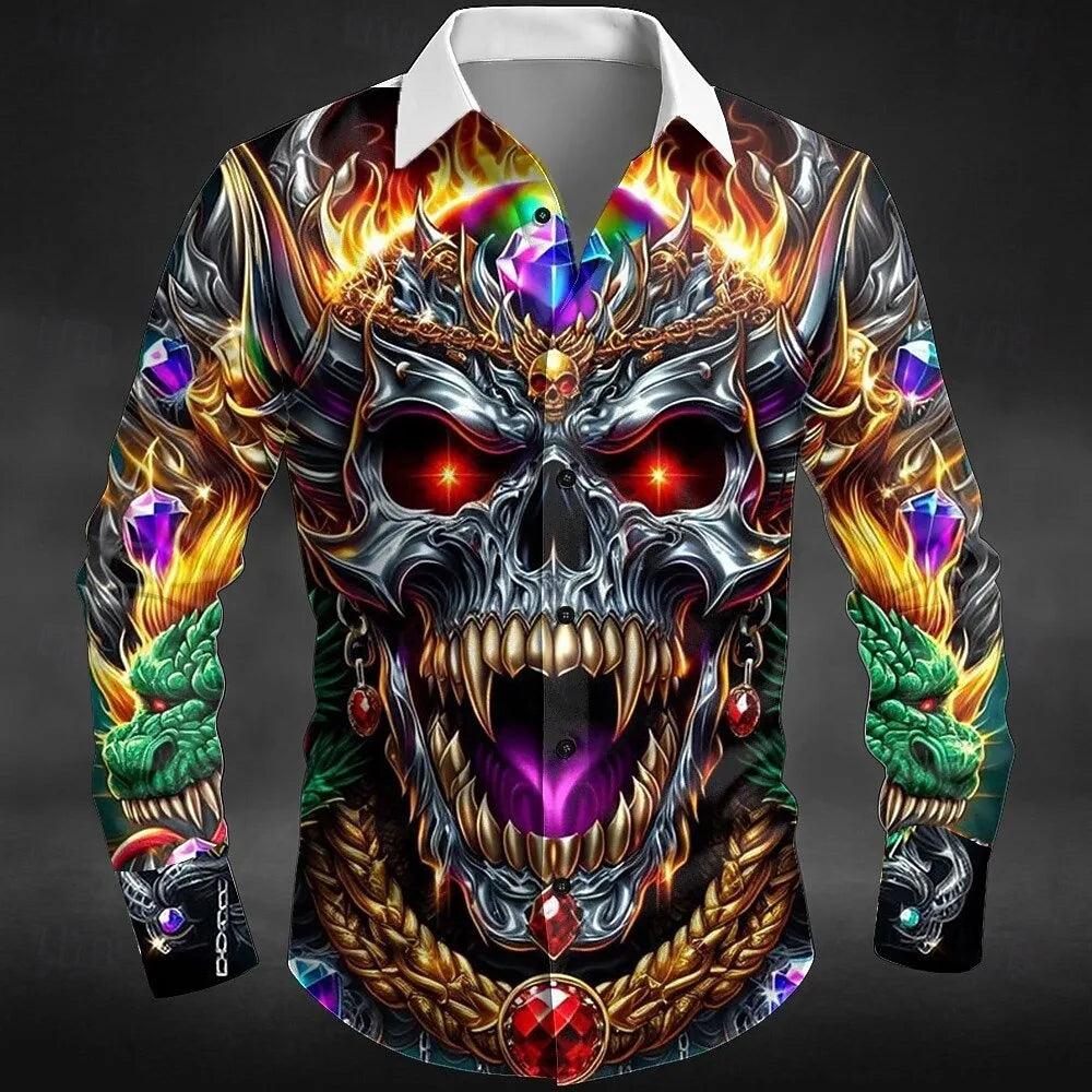 Halloween Pumpkin Head 3D Printed Men's Long Sleeve Shirt Fashion Button Skull Top New Men's Casual Flap-Collar Shirt