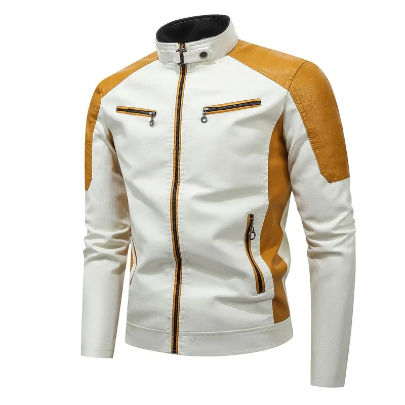 Men's Casual Biker PU Leather Jacket New 2025 Fashion Color Block British Style Motorcycle Jacket Men's Clothing Outerwear