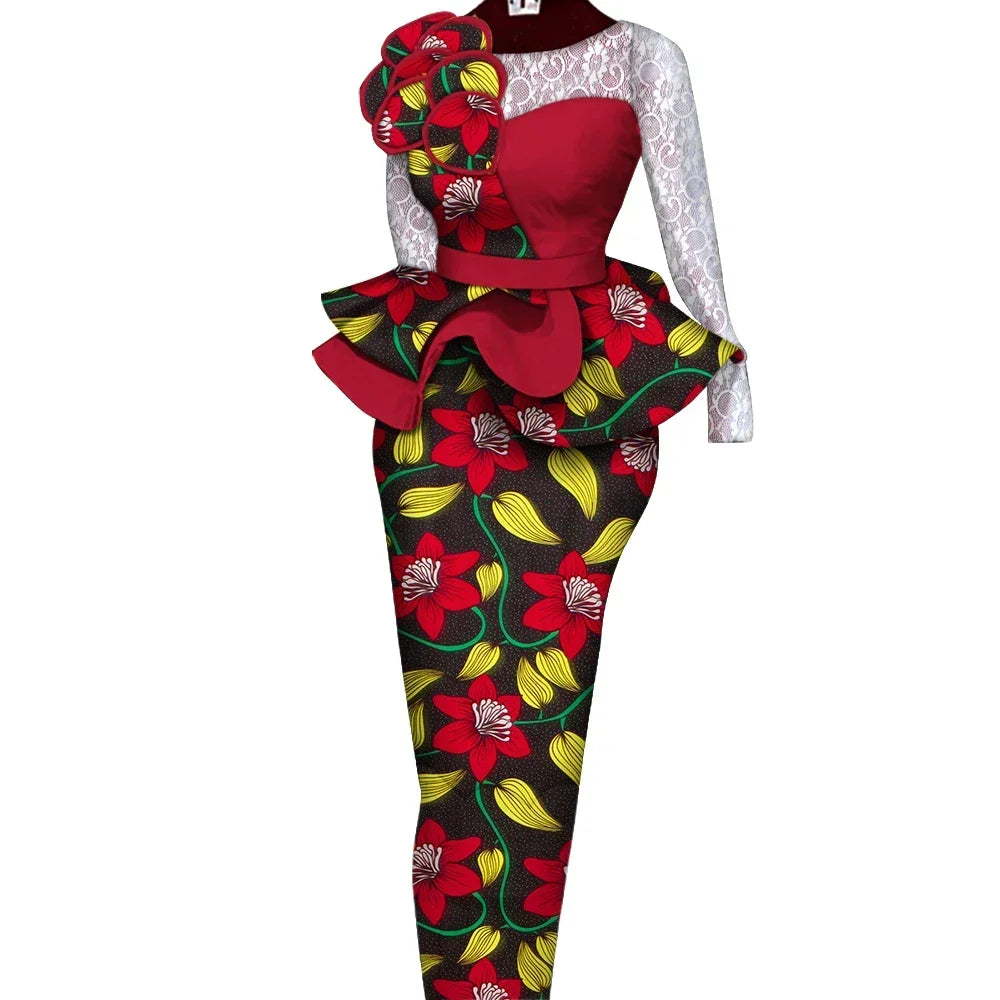 African Skirt Sets Women Suit Long Straight Skirts and Tops with Lace Decoration Bazin Riche Traditional African Clothing WY6195