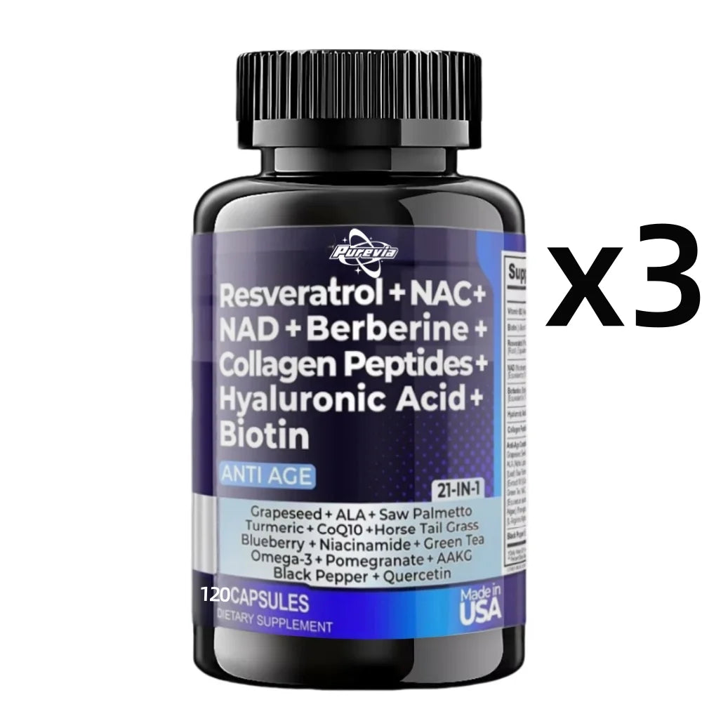 Resveratrol Nad Aspartate Hyaluronic Acid Grape And Blueberry Collagen Peptides Hair, Nail, Skin, And Joint Supplements Capsules