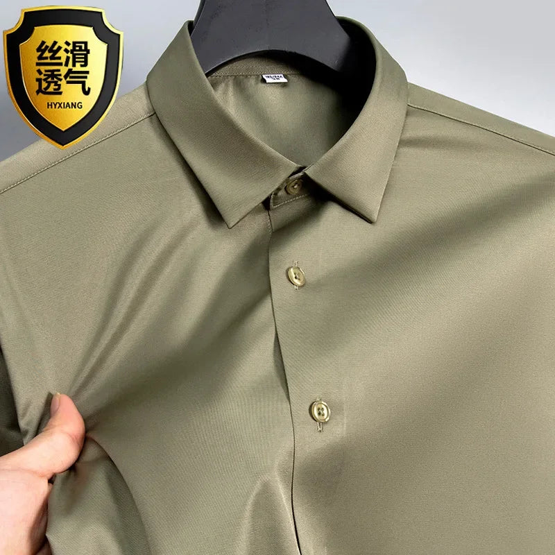 Summer shirt, men's white glossy non ironing shirt, men's wrinkle resistant ice silk casual high-end seamless business shirt