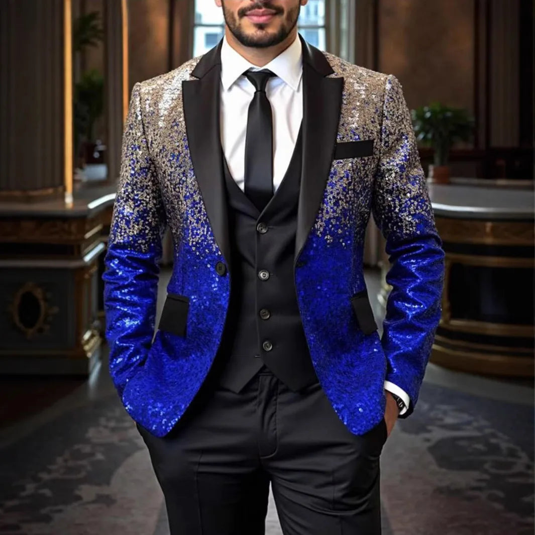 Shiny Sequin Tuxedo Jacket for Men - Royal Blue & Gold Gradient, Black Lapel, Formal Party/Wedding/Stage Wear Coat.