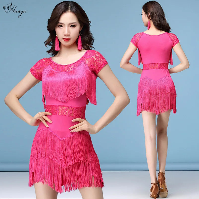 Red Latin Dance Costumes Women Salsa Dancewear Dance Costume Dresses Ballroom Competition Dresses Tango Adult Fringe Sequin