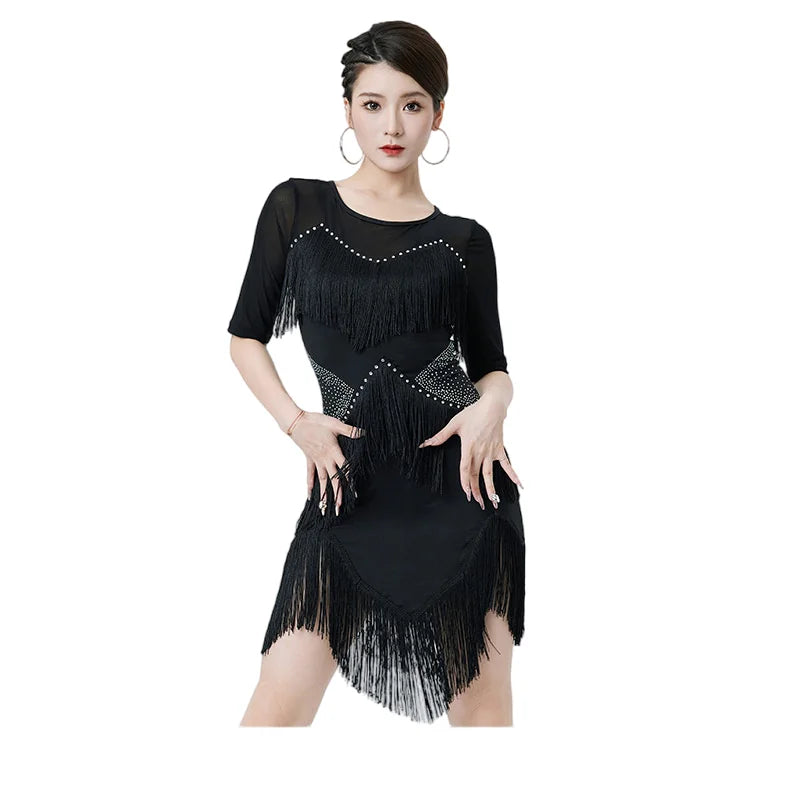 Women's Flapper Dress Fringe Salsa Latin Dance Dress Party Ballroom Dancer Outfits With Shorts Long Sleeve Tango Samba Rumba