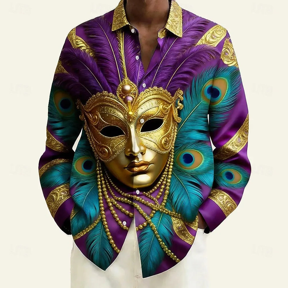 Mardi Gras Men's Carnival Beads Mask with Feathers Shirt Button Up Shirt Long Sleeve Vintage Retro Holiday Summer Spring shirts