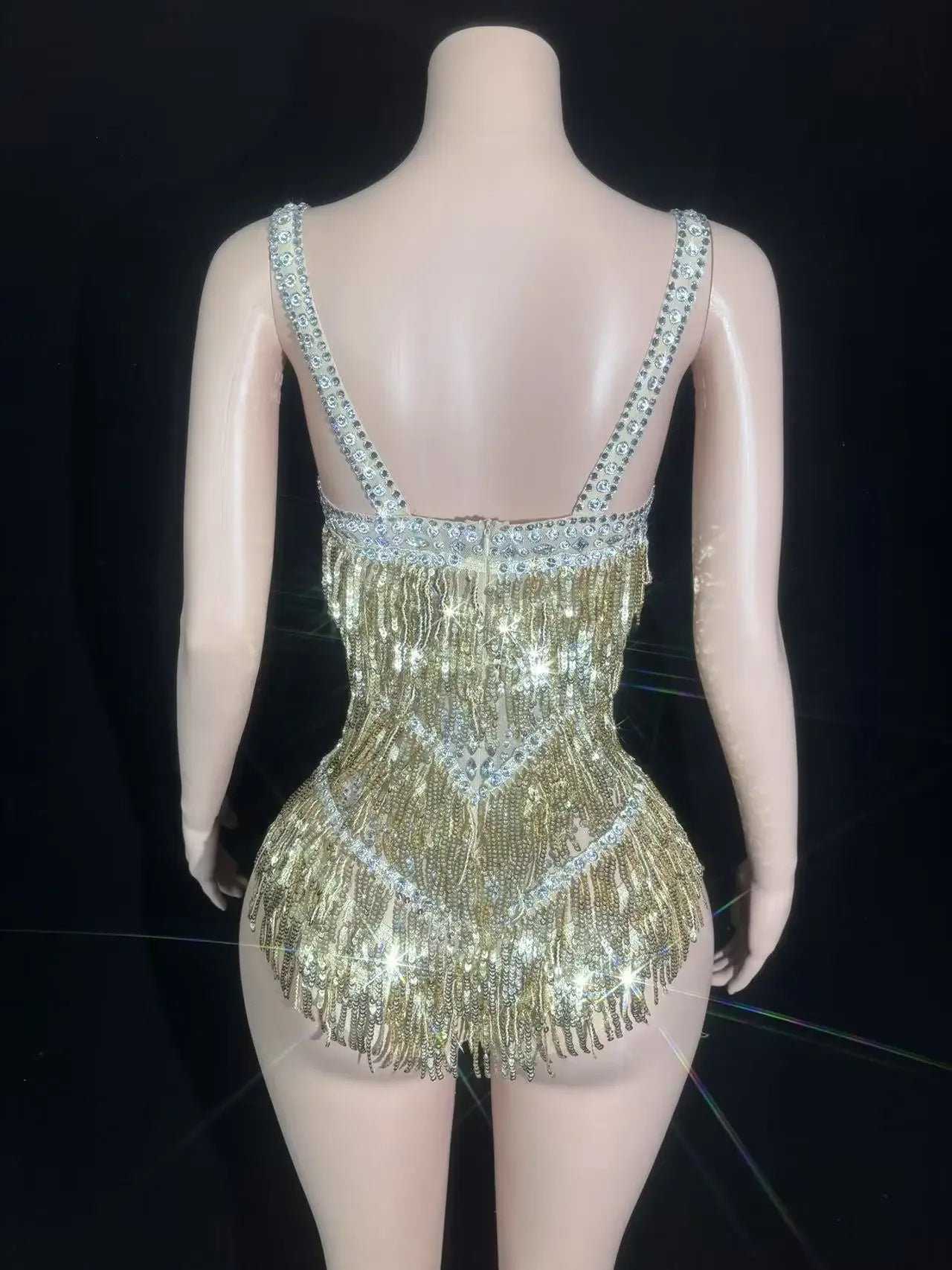 Sparkly Rhinestones Sequins Tassel Bodysuit Women Sexy See Through Performance Dance Costume Singer Dancer Stage