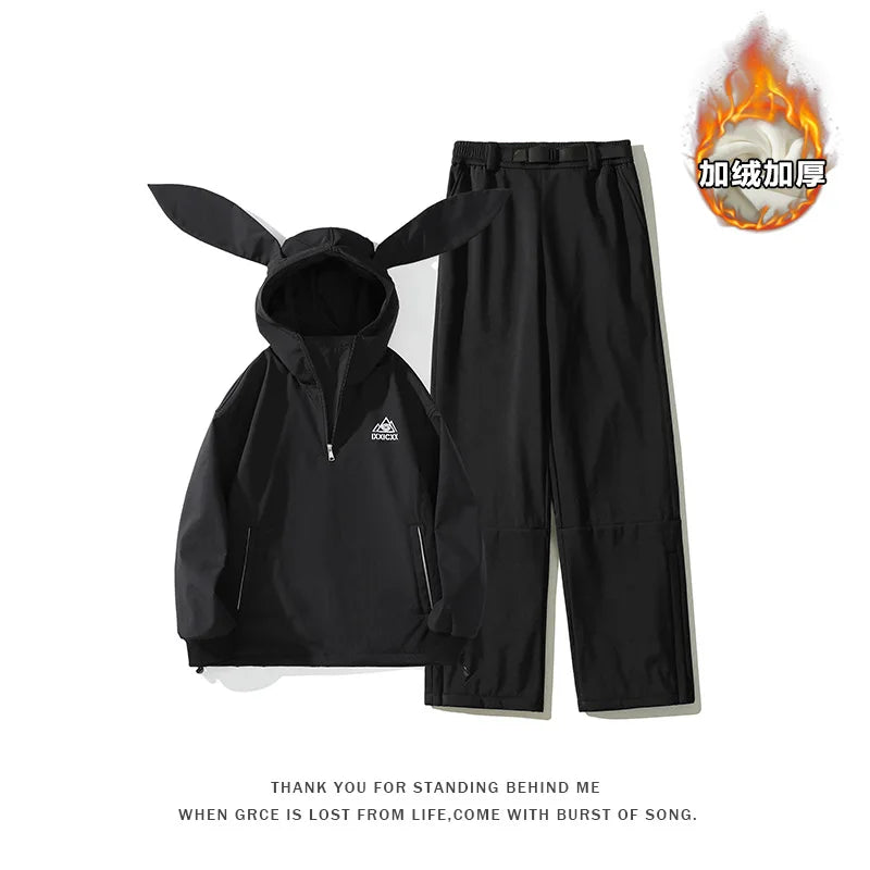 New Trendy Windproof And Warm Rabbit Ear Snow Clothes Men's And Women's Velvet Ski Clothes Set Couple Snow Clothes