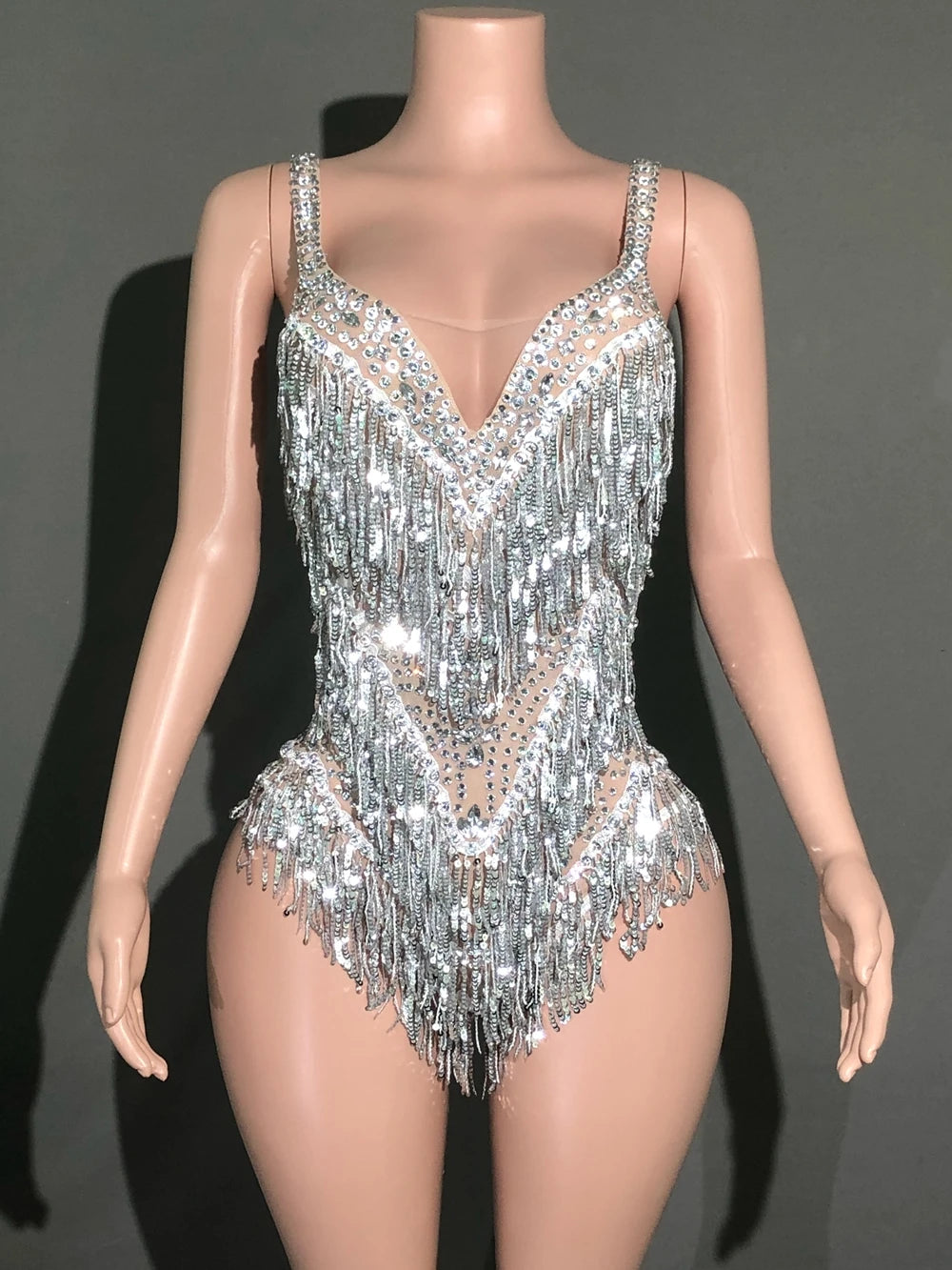 Sparkly Rhinestones Fringes Bodysuit Women Sexy See Through Party Outfit Performance Dance Costume Singer Dancer Show Stage Wear