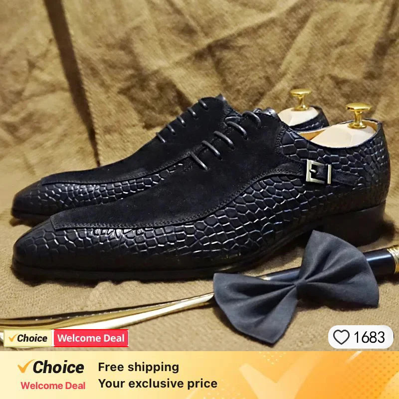 Mens Handmade Leather Dress Shoes Business Crocodile Pattern Oxford Formal Lace-Up Comfortable NonSlip Breathable Office Wedding