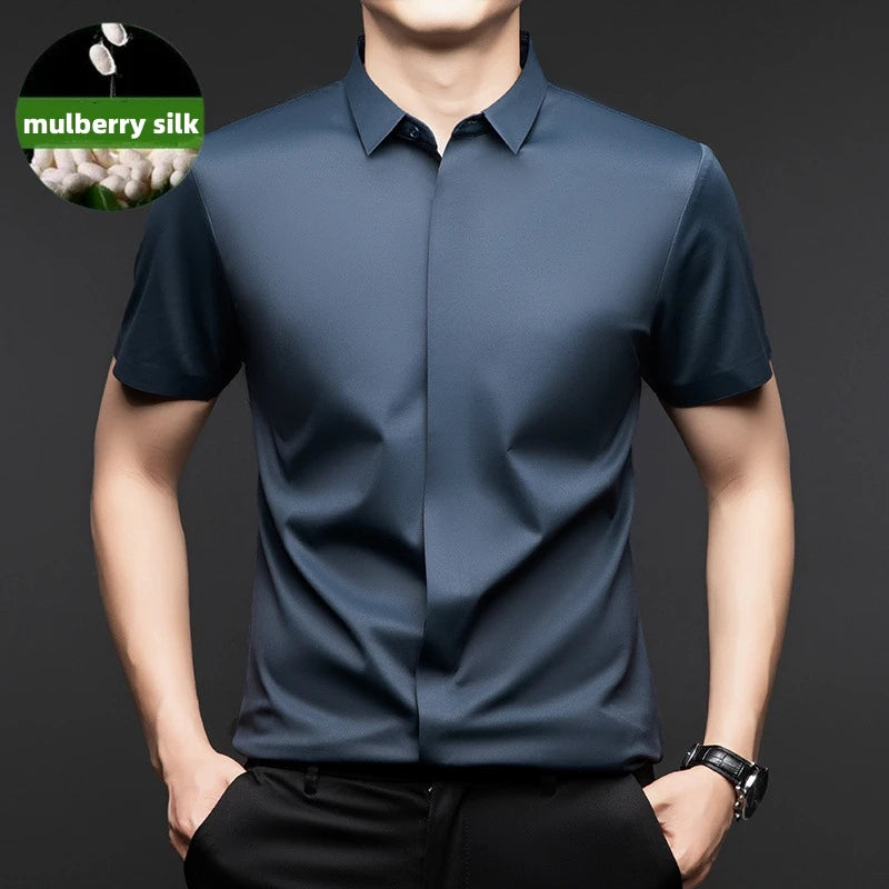 High end Mulberry Silk Dress Shirts Business Men Wrinkle Resistant Button Invisible Elastic Tops Luxurious Male Quality Clothing