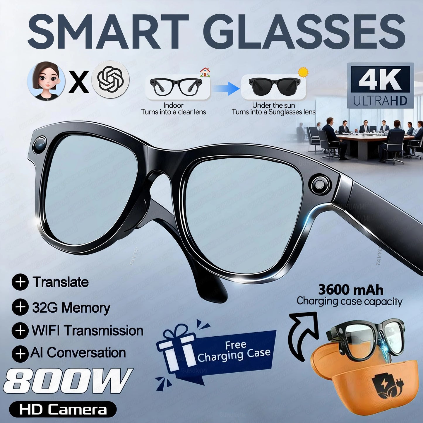 2025 New Travel Study Smart Glasses Men 800W HD Pixel Camera Video Recording WIFI Transmission Adjustable Prescription Glasses