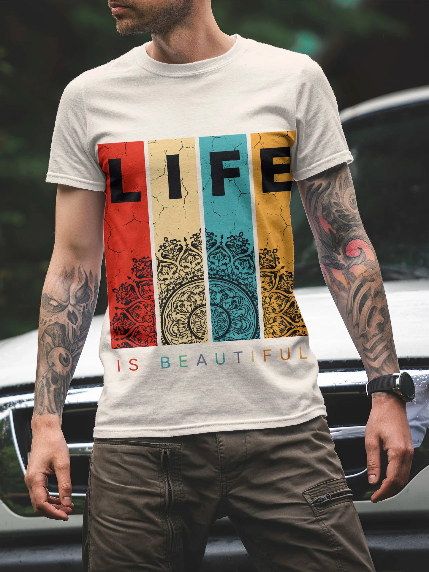 Men's Casual Daily Tshirt for Halloween and The Day of The Dead Theme Humorous Pattern Printed Top Casual Round-neck Top for Men