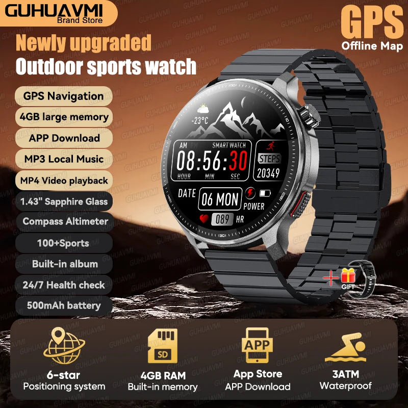 Newly T-Rex3 Ultra 4GB Memory GPS Sports Smart Watch Offline Map 1.43" AMOLED Display 3ATM Flash Charge Fitness Call Smartwatchs