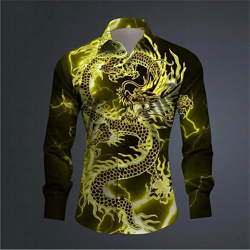 Fashion trend Men's shirt Dragon Culture Abstract 3D printed shirt for everyday wear comfortable lapel long sleeve top