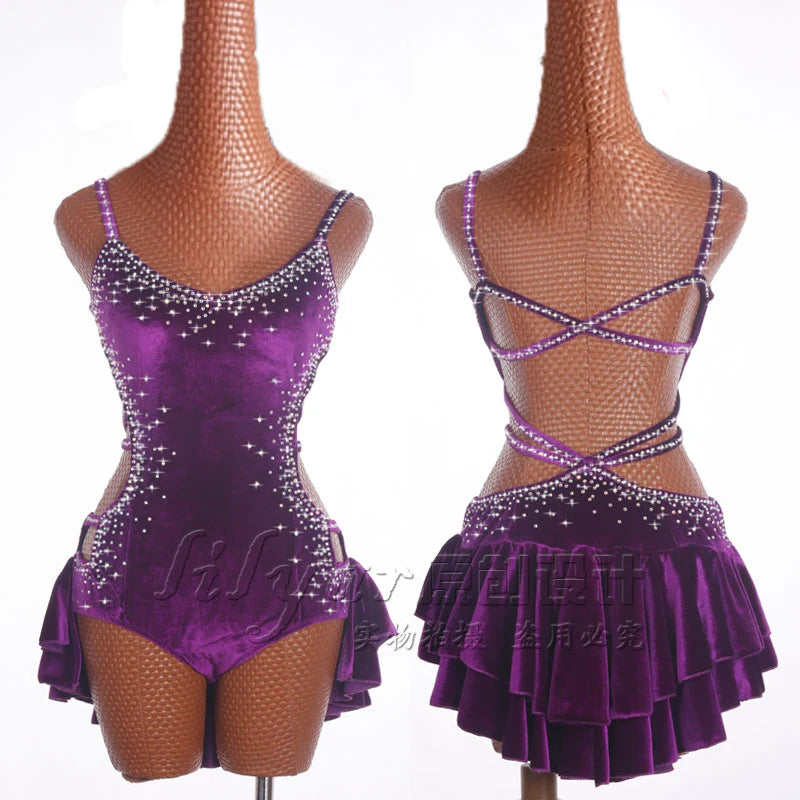 Pole Dancing Latin Dance Dress Steel Pipe Girl Costumes Skirt Performing Dress Adult Customize Children Stretch Velvet Wine Red