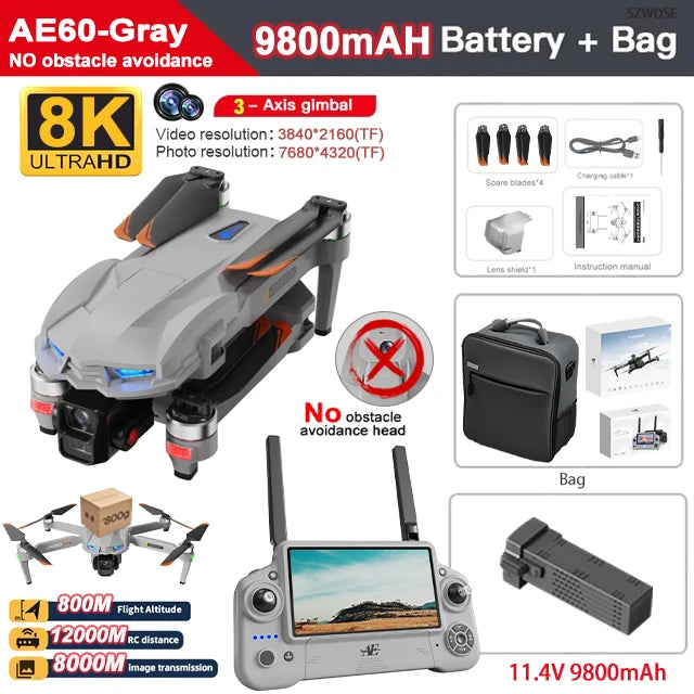AE60 Ultra GPS Drone Profesional 8K HD Camera 3-axis gimbal Aerial Photography 12KM Obstacle Avoidance FPV Airdrop Fishing Drone