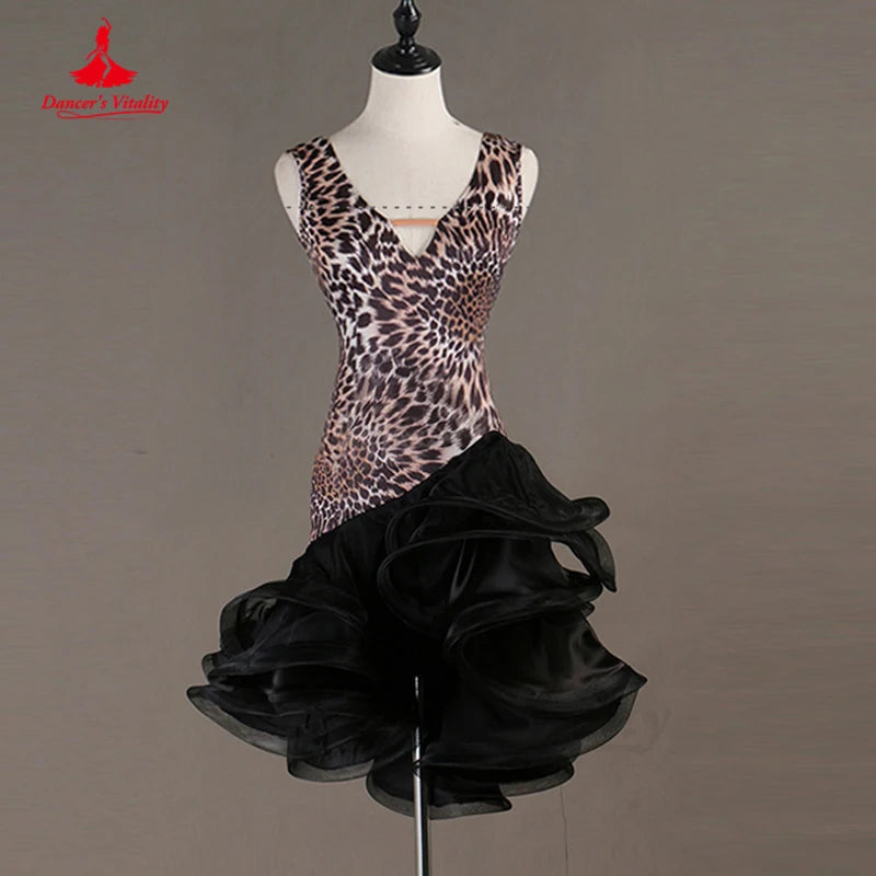 Latin Dance Dress V-Neck Wave Point Skirt Profession Custom Female Adult Child Elegant Performance Clothes Competition Clothing