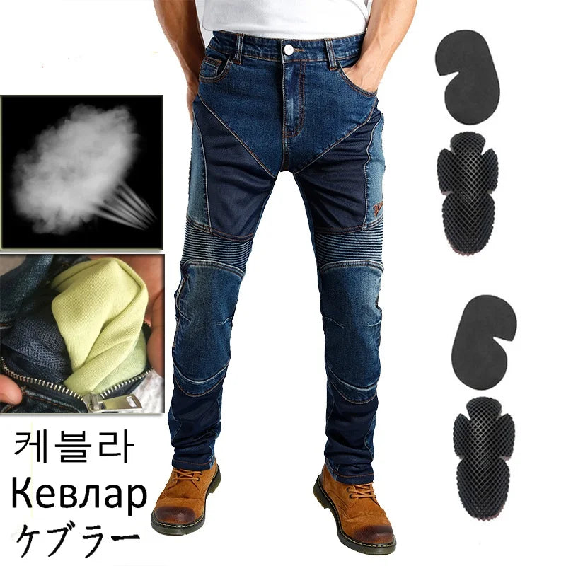 Men Summer Motorcycle Jeans Blue Mesh Protective Riding Pants Black Motocross Gear Motorbike Trousers
