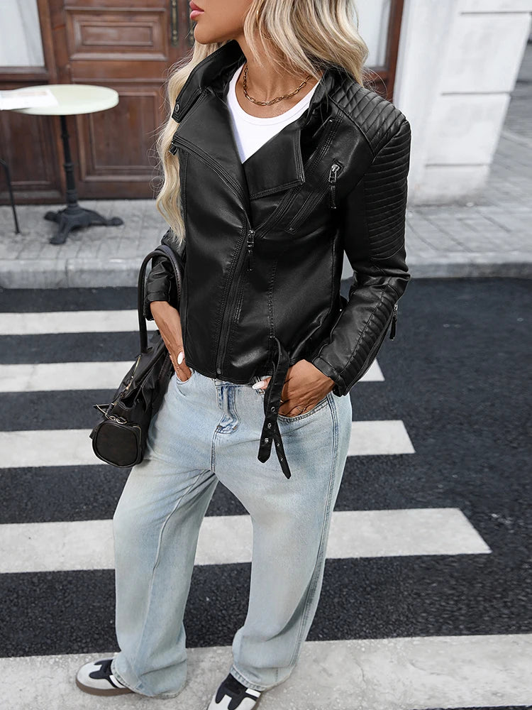 Ailegogo New Spring Autumn Women Moto Biker Black Faux Leather Jacket Streetwear Female Zipper Coat Outwear
