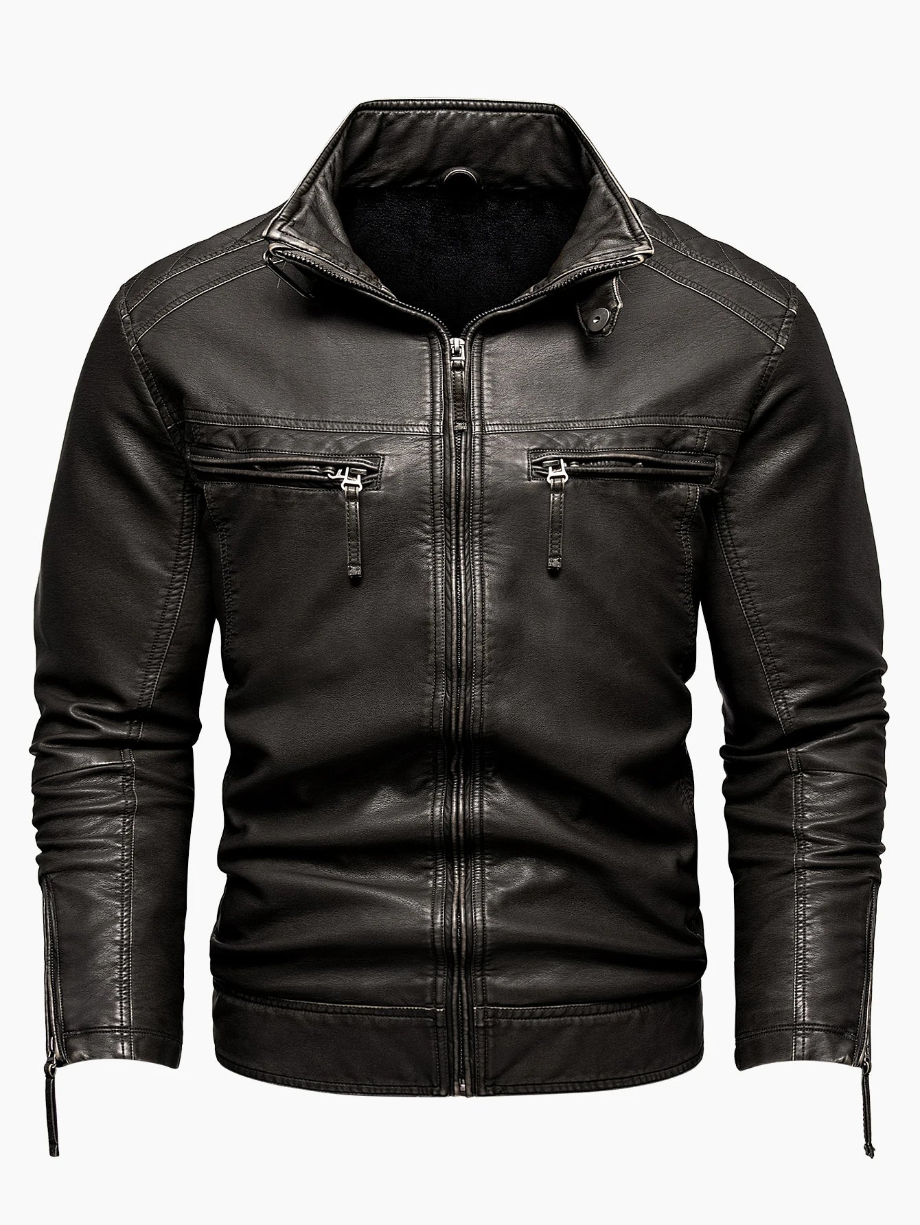 Men's Vintage Thickened Jacket Multi-Pocket Jacket, Stand-Up Collar Motorcycle Clothing, Casual PU Leather Jacket