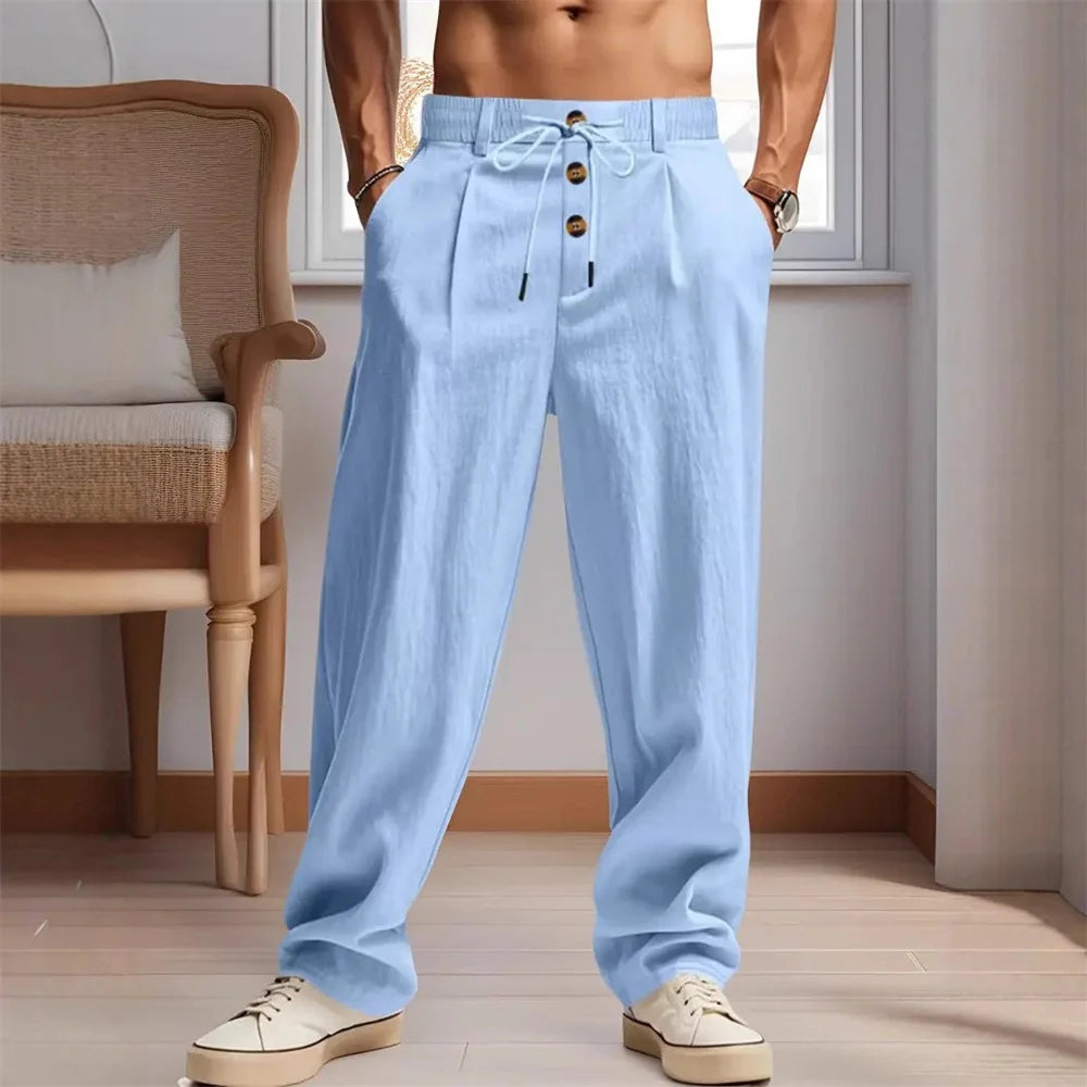New men's breathable casual cotton-linen trousers, stylish street-style athletic pants, loose straight leg, suitable for beach a