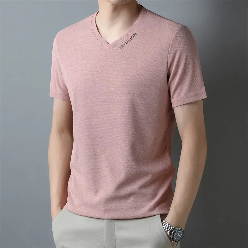 New Men's Casual and Fashionable V-neck Solid Color Short Sleeved T-shirt Breathable and Comfortable Summer Versatile Top