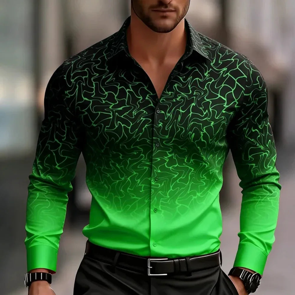 New Spring Autumn Men Clothes Long Sleeve Gradient Color 3D Digital Print Shirt Men Casual Fashion Tops