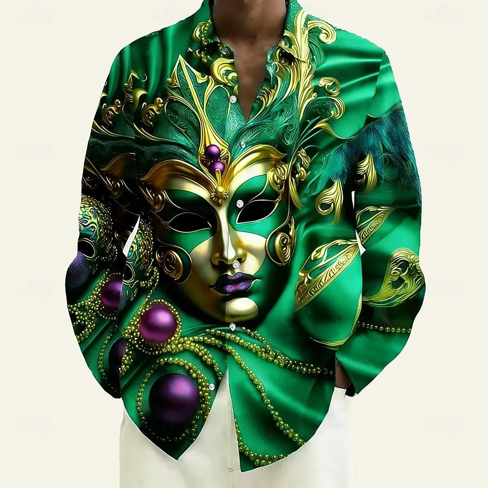Mardi Gras Men's Carnival Beads Mask with Feathers Shirt Button Up Shirt Long Sleeve Vintage Retro Holiday Summer Spring shirts