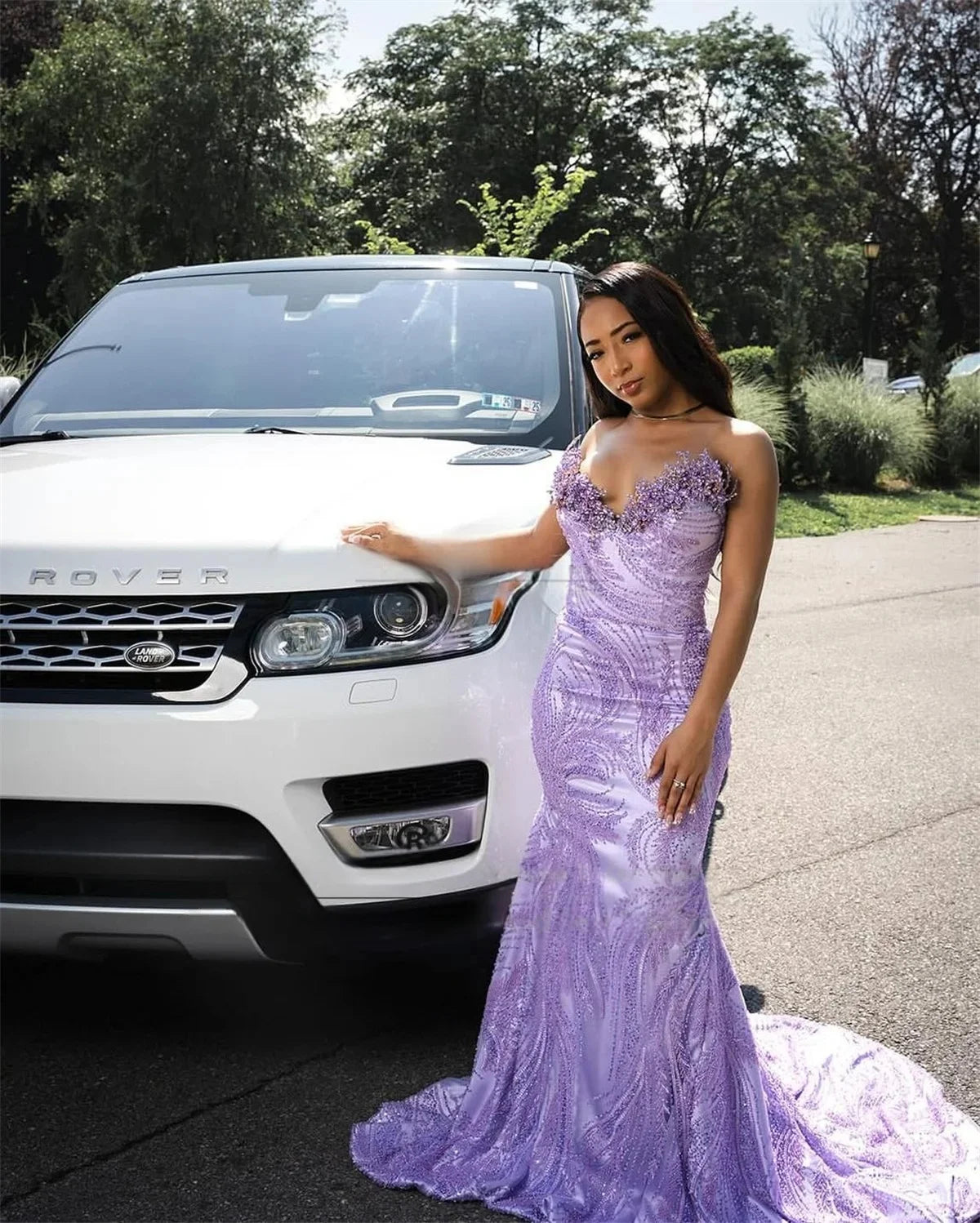 Lilac Long African Prom Dresses For Black Girls Mermaid Sweetheart Lace Beaded Prom Gowns Evening Party Customized