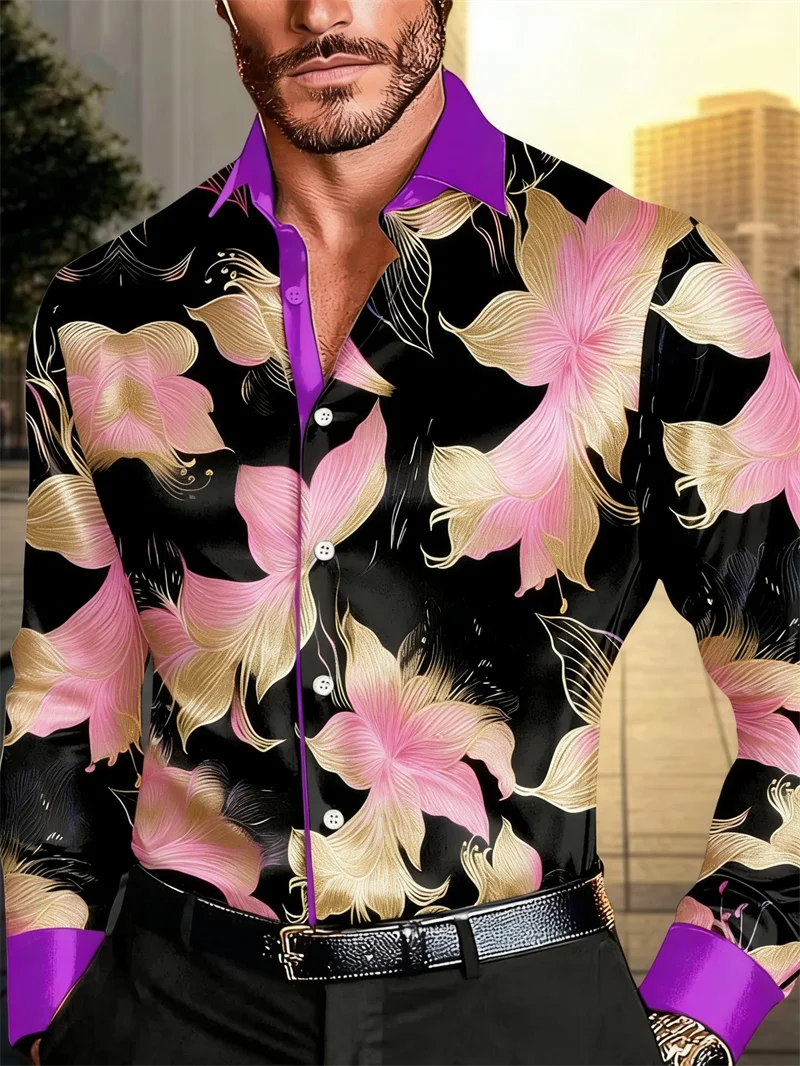 New men's long sleeved shirt casual fashion 3D petal print high-quality shirt single breasted long sleeved top