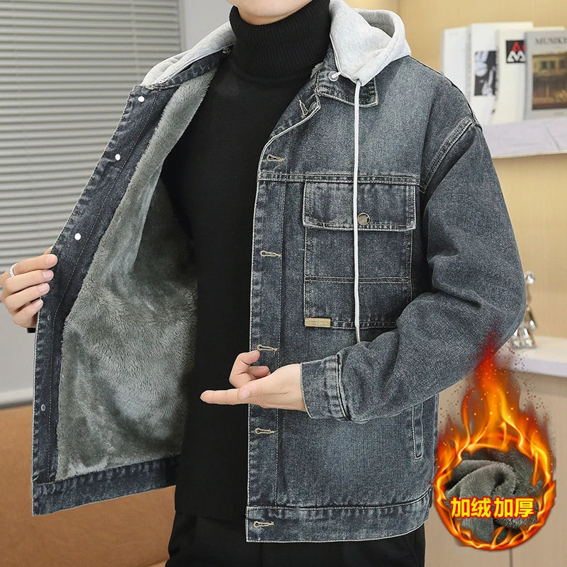 Winter Men's Denim Jacket Thicken Fleece Warm Coats Fashion Classic Hooded Slim Biker Jeans Jacket Outwear