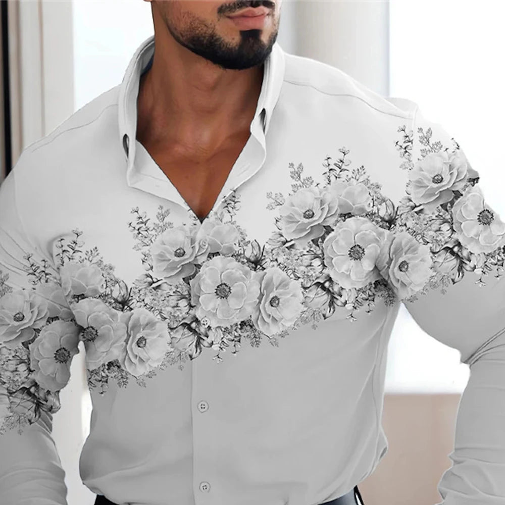 Men's red patterned long-sleeved shirt men's casual versatile fashion street men's shirt lapel single-breasted long sleeve