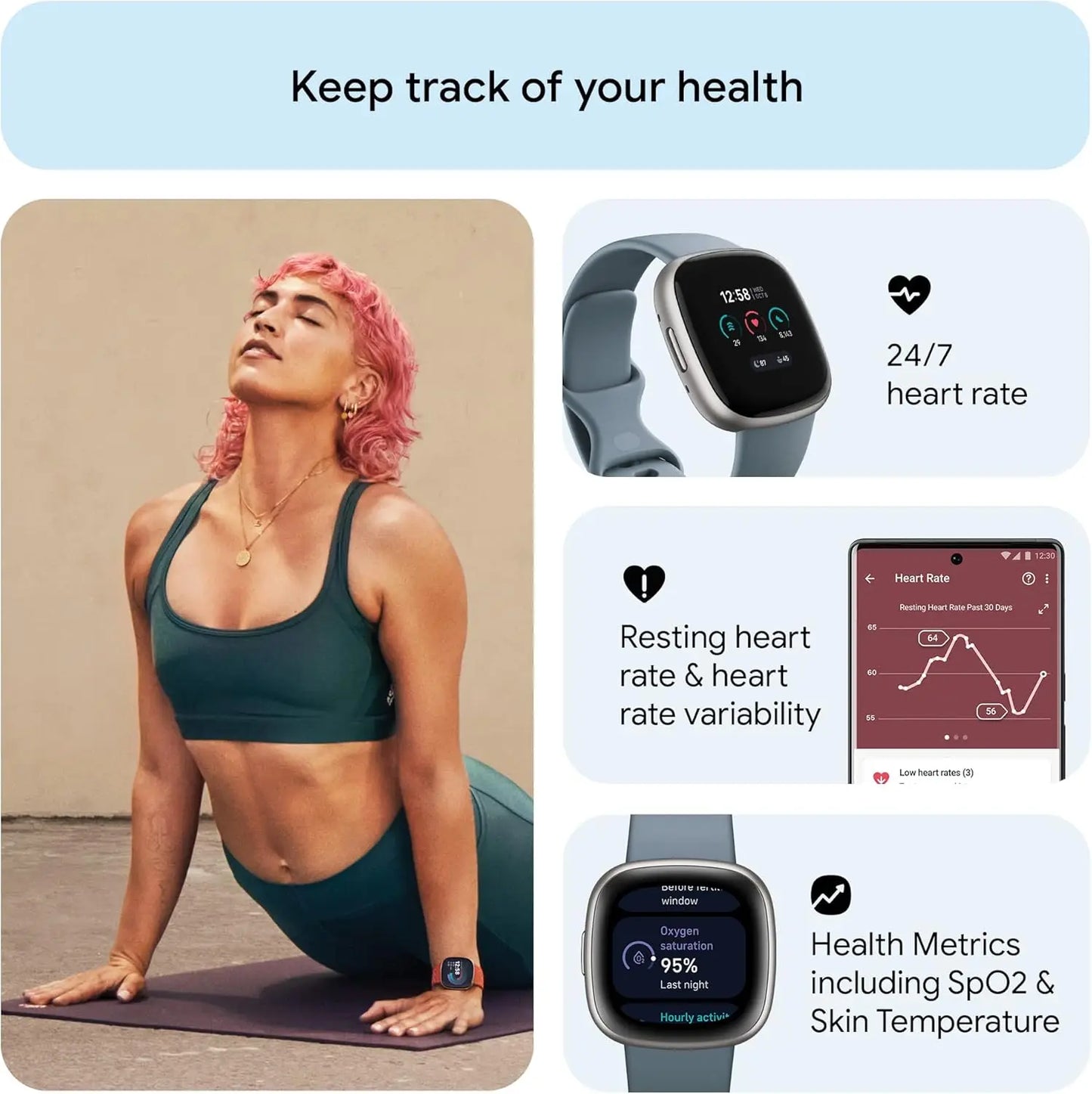 Fitbit Versa 4 Smartwatch GPS Fitness Tracker 24/7 Heart Rate SpO2 Sleep Monitor 50m Waterproof for Running Swimming Gym Outdoor