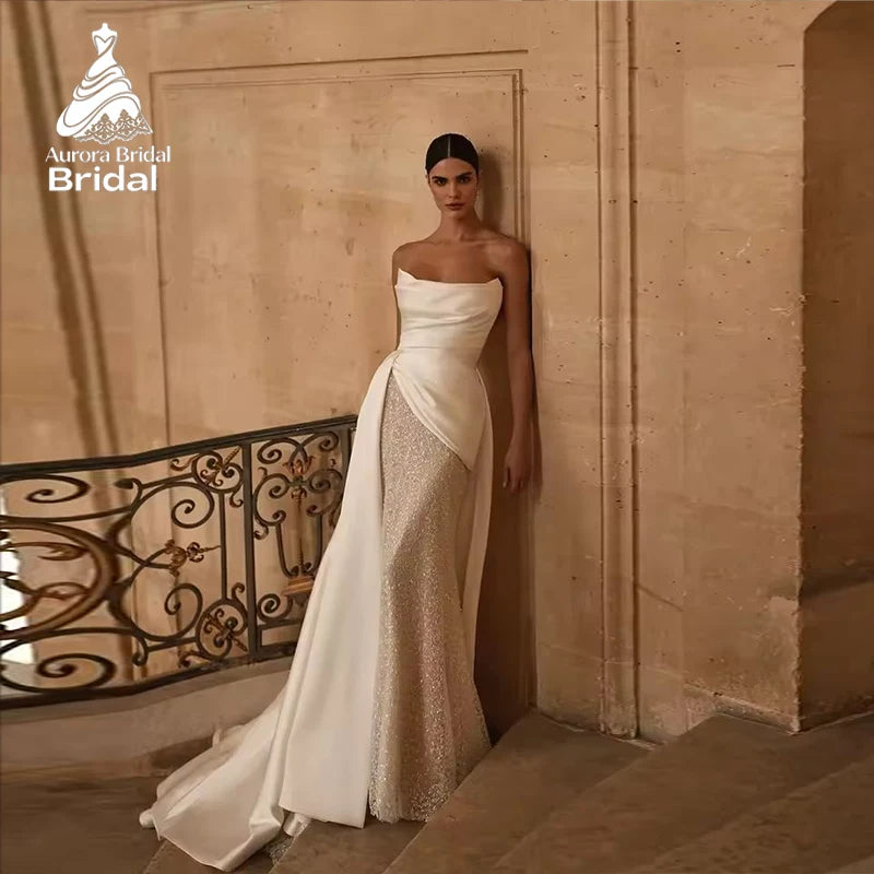 Aurora Strapless Mermaid Wedding Dress Shiny Sequin Beading Satin Detachable Train Pleat Bridal Gown Vestido De Novia Customized